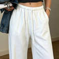 thumbnail image 3 of Morttic Women's Solid Color Drawstring Elastic High Waist Loose Wide Leg Pants with Pockets Beach Vacation Lounge Pants Beige，XS, 3 of 6