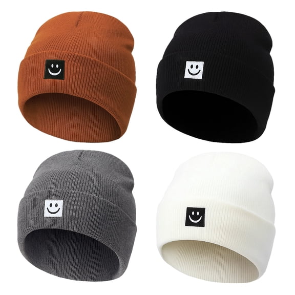 Bocaoying 4 Pack Beanie Hats for Men Women, Unisex Knitted Hat with Smile Face, Soft Warm Winter Thick Cuffed Knit Hat for Gifts