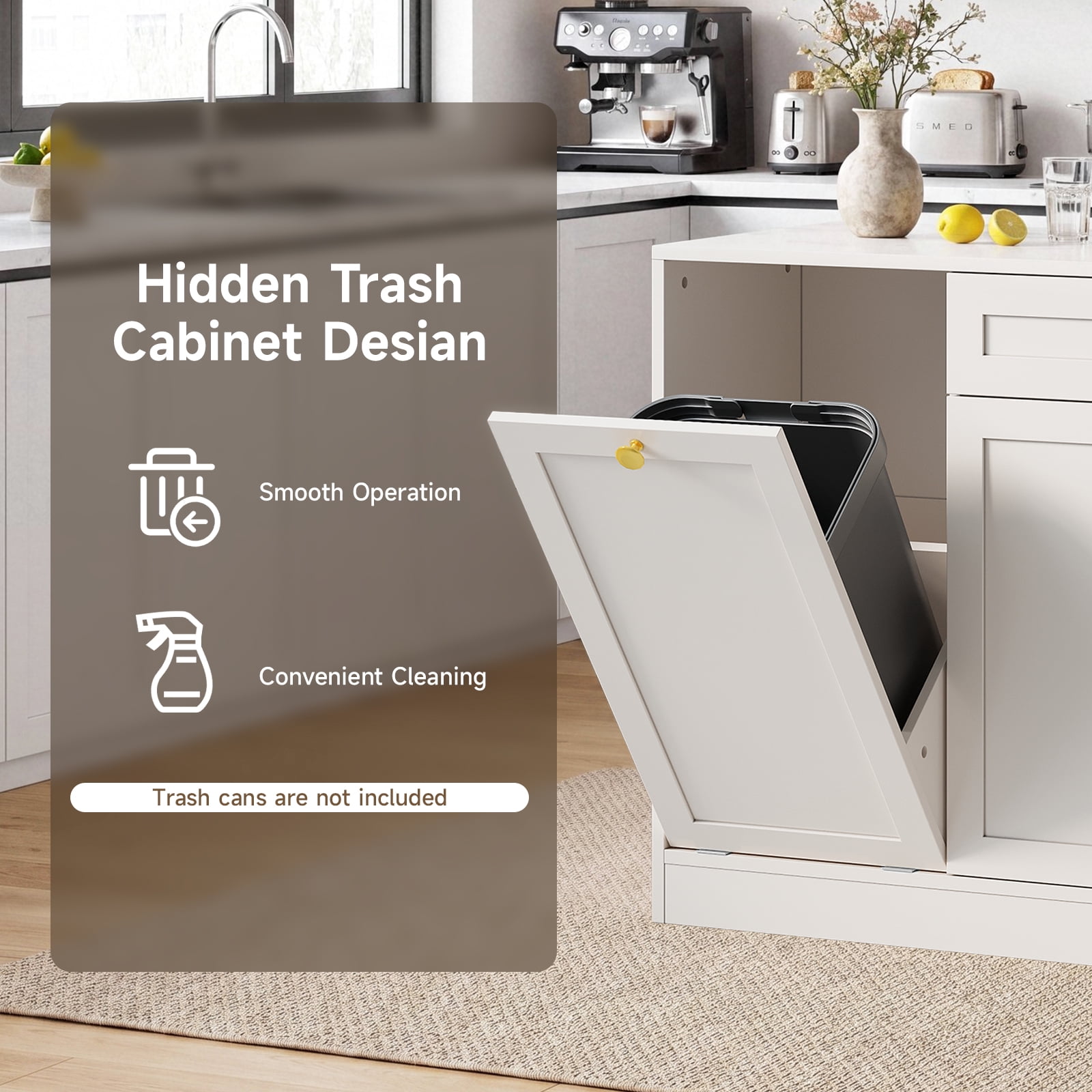 ROGALIS 63"Kitchen Island with Storage, Marble Countertop, Built-in Power Outlet, USB Charging & Trash Cabinet, Multi-Use Island Table for Kitchen Dining Room Living Room,White