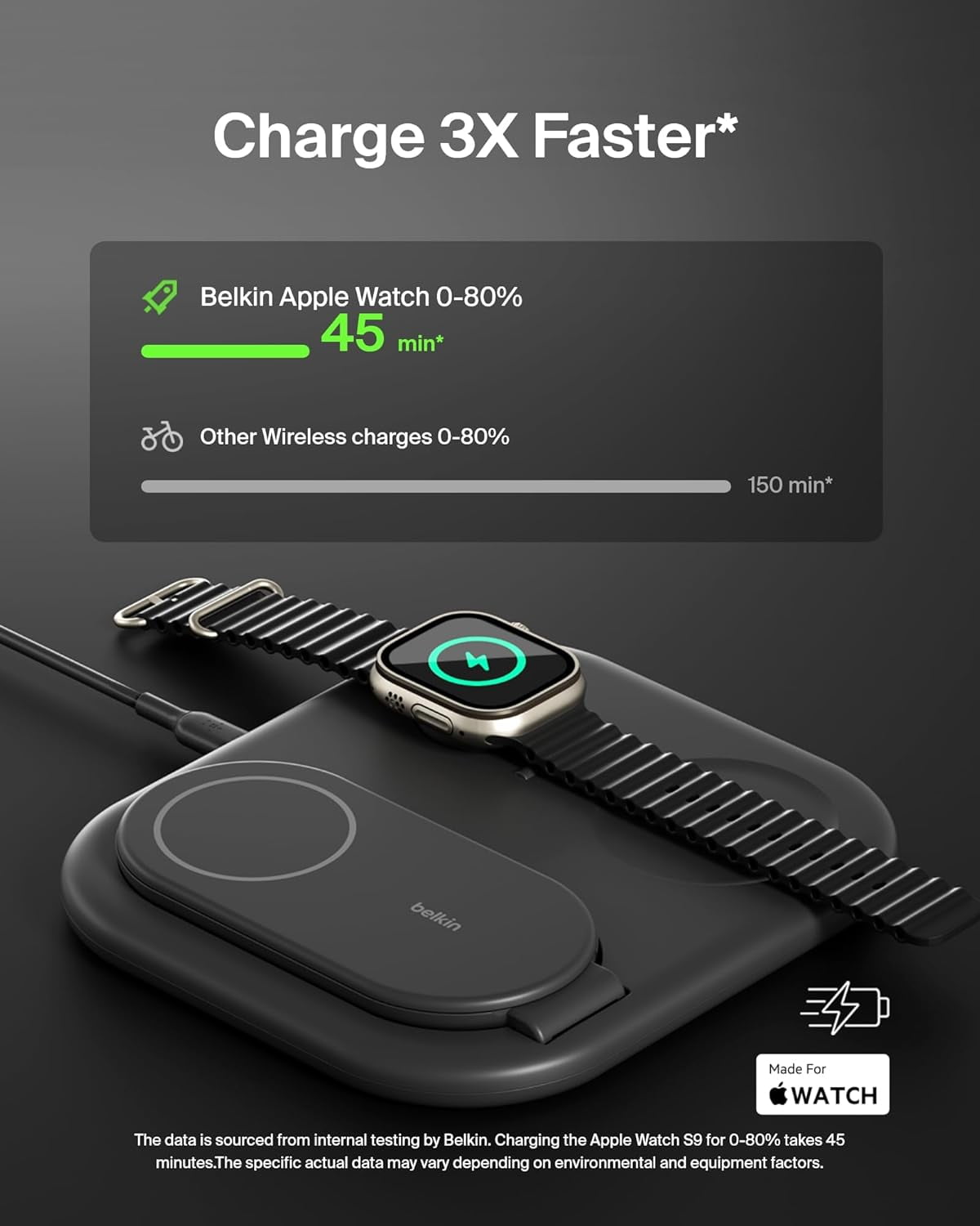 Belkin MagSafe-Compatible iPhone Charger - 3-in-1 Magnetic Foldable Charger 15W - Qi2-Certified Wireless Charging Station for iPhone 16, Apple Watch, AirPods w/Non-Slip Base, PSU Included - Black