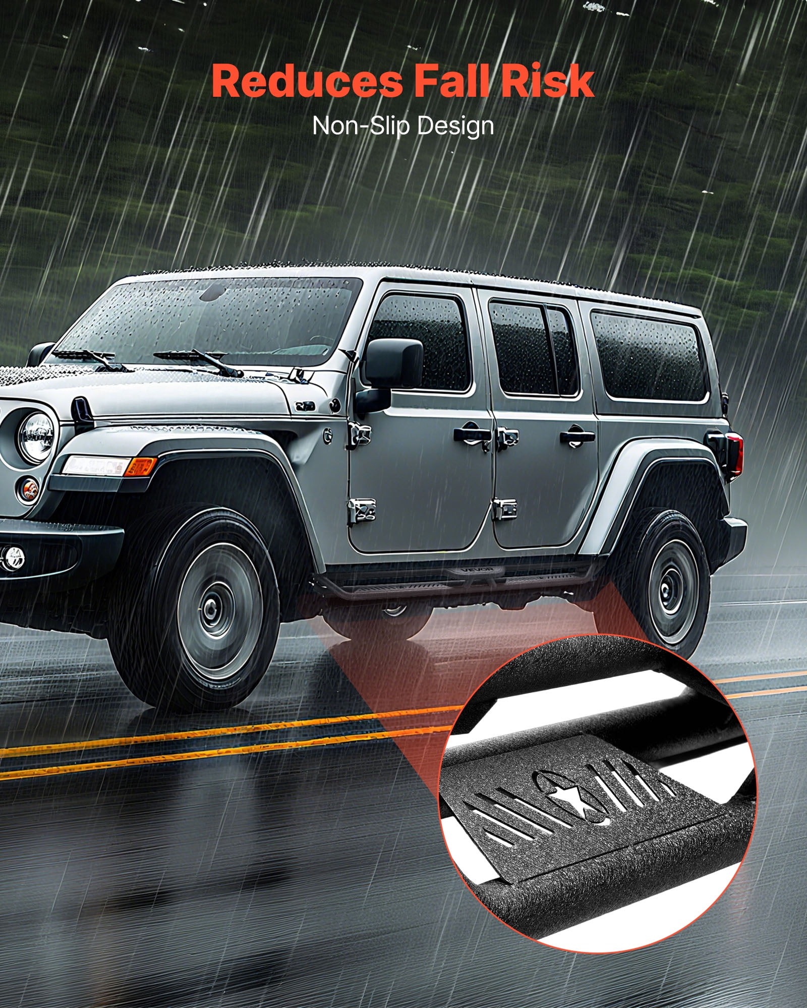 VEVOR Running Boards, 6 Inches Side Steps Compatible with 2018-2025 Jeep Wrangler JL 4 Door, Black Carbon Steel Nerf Bars, 550 lbs Load Capacity, Wide Non-Slip Hollow Surface with Rustproof Coating