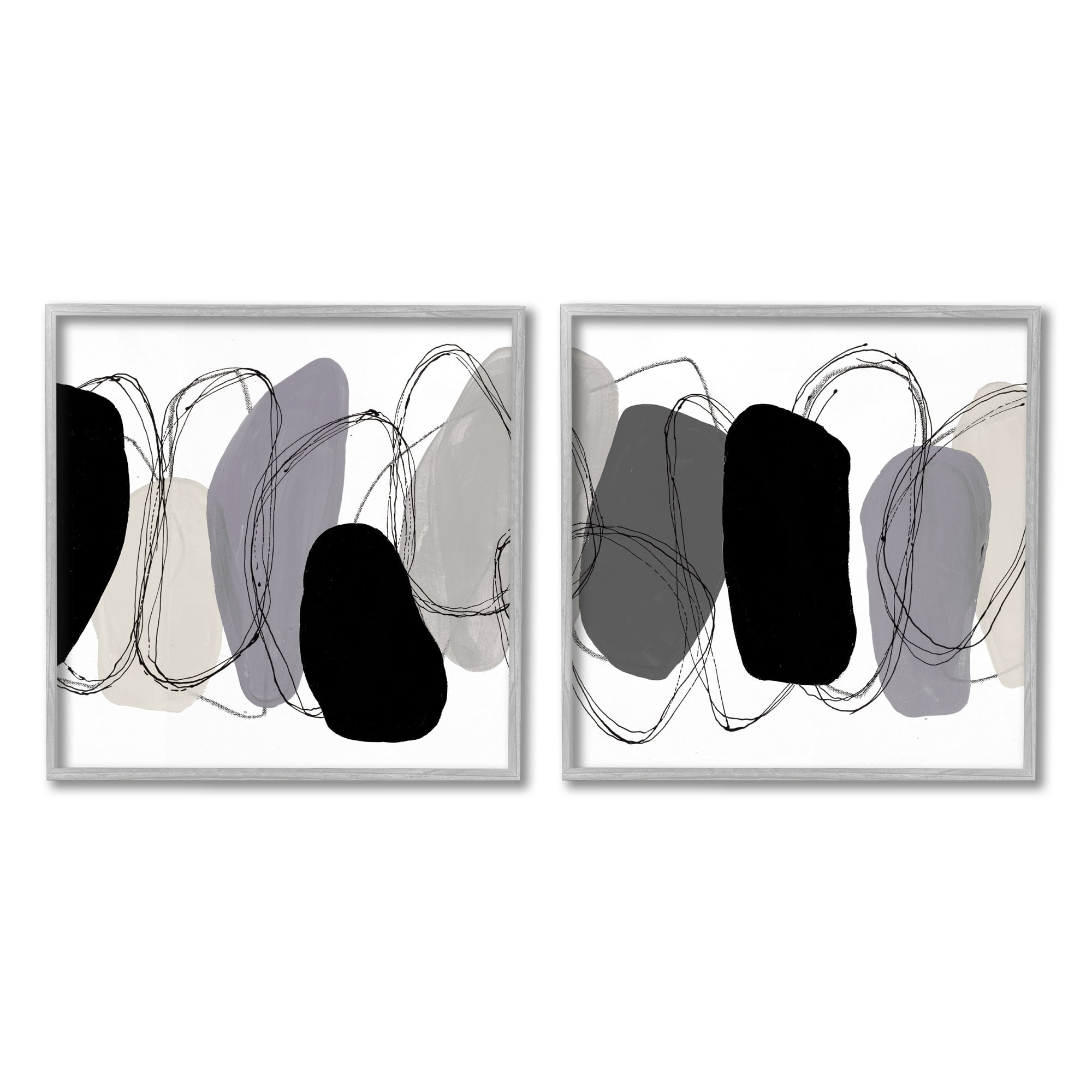 Stupell Industries Contemporary Oblique Circular Shapes Scribble Outlines Graphic Art Gray Framed Art Print Wall Art, Set of 2, Design by Ruth Fromstein