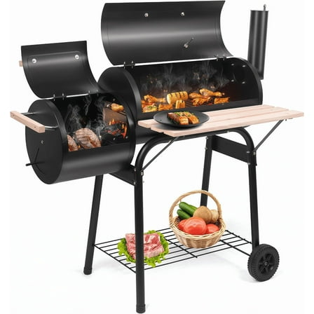 Gundir 44 Inch Charcoal Grill with Offset Smoker, Outdoor BBQ Grill with Thermometer, Adjustable Damper for Backyard, Camping, Patio Parties, Black