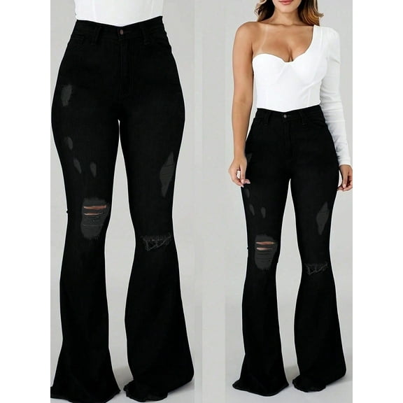 Women’s High Waisted Distressed Flare Jeans Stretchy Denim Trendy Ripped Details for Curvy Fit