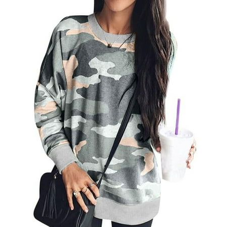 

Women Top Camouflage Print Long Sleeve Crew Neck Dailywear Soft Fashion Gift