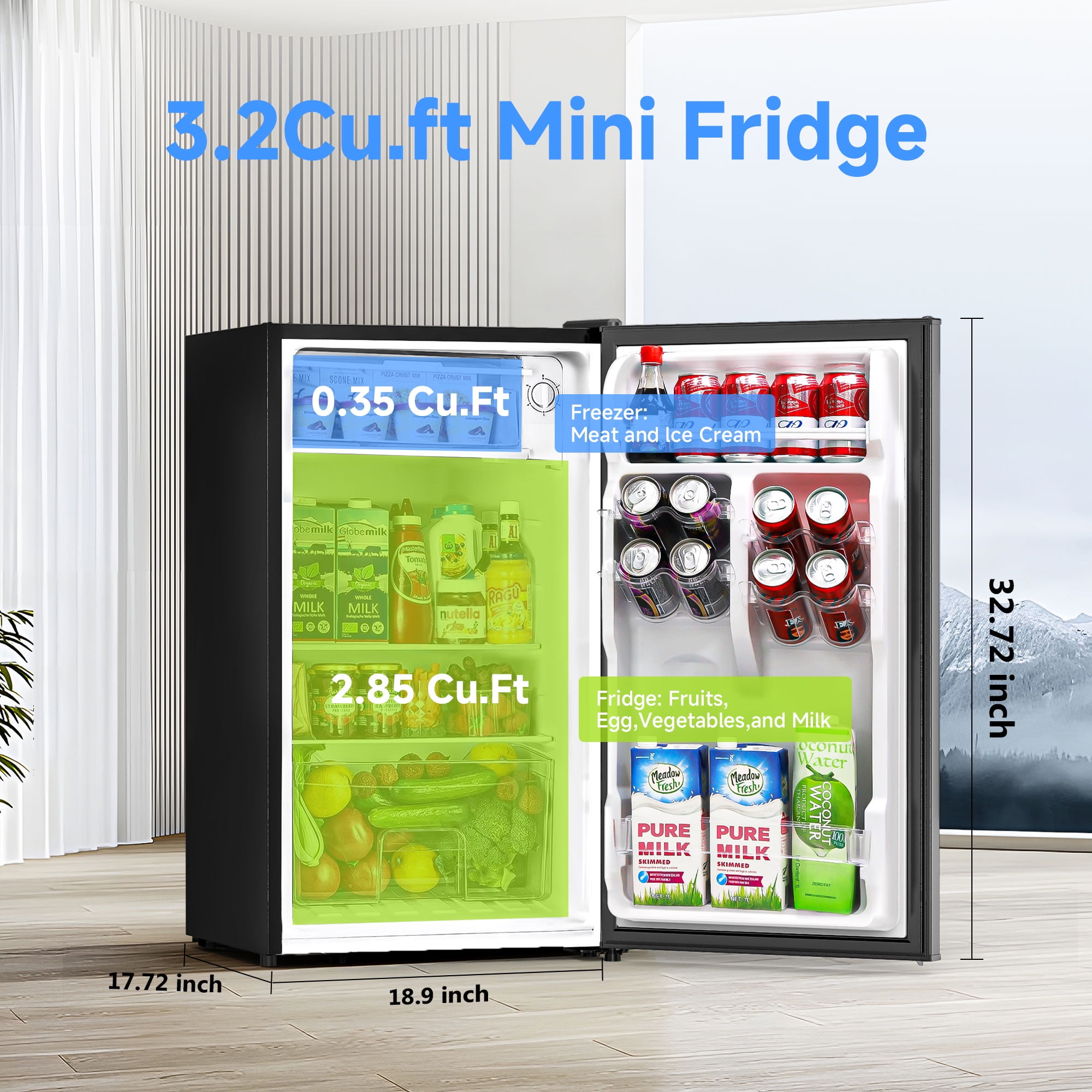 Aootek 3.2Cu.ft One Door Mini Fridge， Compact Refrigerator with Freezer, Reversible Door Mini Fridge, 5 Level Adjustable Thermostat for Dorm, Office, Bedroom, Apartment, Black
