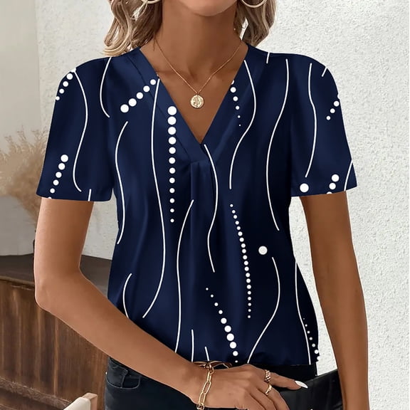 ATENAR T Shirts for Women V Neck Printed Tops for Women Soft Tee Navy 2XL