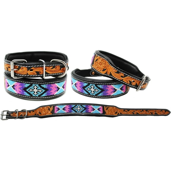 Small 13''- 17'' Padded Leather Dog Collar Beaded Floral Hand Tooled 60170