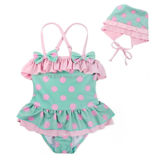 TOOYOU Girls One-Piece Swimsuit Baby Polka Dot Suspender Bow Swimwear Cute Bathing Suit Sweet Girl Eco-Friendly Recycled Swimwear Size 12-24 Months Mint Green