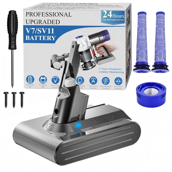 Batería de repuesto profesional de 8500 mAh para Dyson V7 Animal SV11, Motorhead, Trigger, HEPA, Car+Boat, Absolute, para aspiradoras de mano o de escoba, incluye 3 filtros y 3 tornillos