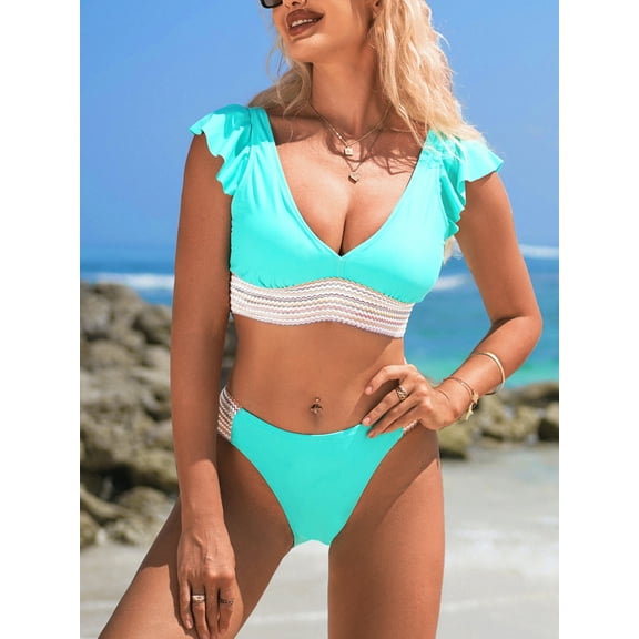 Sociala Ruffled Sleeve Bikini Sets for Womens Ruched Bottoms Two Piece Bath Suit