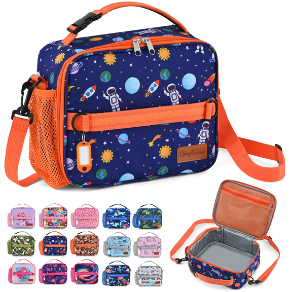 ComfiTime Lunch Bag for Kids – Insulated Lunch Box for Girls and Boys, Cute Reusable Cooler Bag with Zipper Pockets, Bottle Holder, Padded Handles and Shoulder Strap (Blue Space)