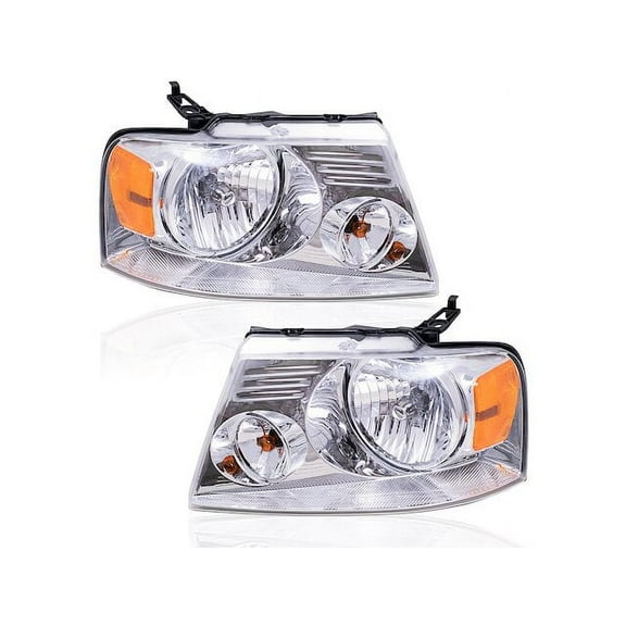 Headlight Assembly Set of 2 - Halogen with Chrome Bezel - Compatible with 2004 - 2008 Ford F-150 2005 2006 2007