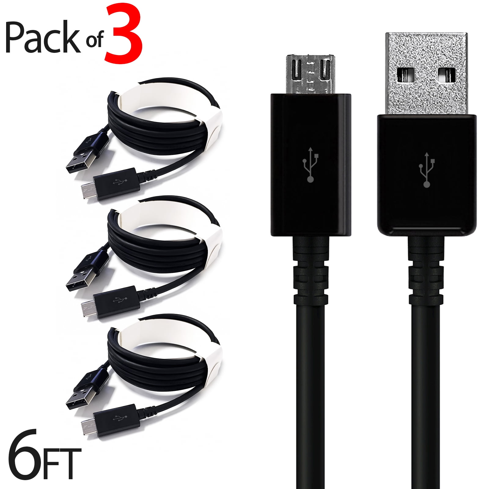 3x Micro USB Cable Charger For Android, FREEDOMTECH 6ft USB to Micro