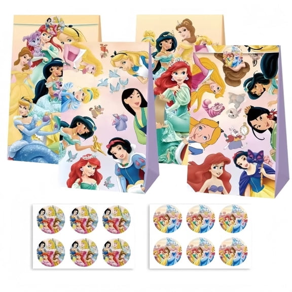 12 PCS Princess Kraft Paper Goodie Bag Small Gift Bags for Princess Party Supplies,Kids Birthday Game Party Kraft Paper Goodie Gift Bag Decorations