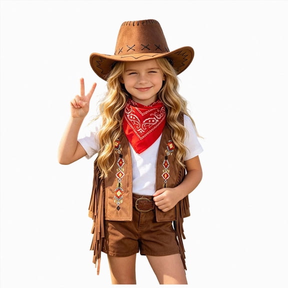 JUMEYU Kids Cowboy Costume Set Embroidered Fringe Vest with Cowboy Hat and Bandana Western Outfit for Boys Girls Halloween Party (Brown,7-8 Years)