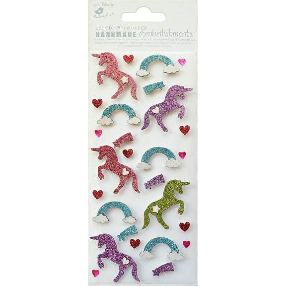 Little Birdie Mini Glitter Embellishments 27/Pkg-Unicorn