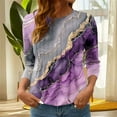 thumbnail image 3 of JTZGDY Fashion T-Shirts for Women Casual Floral Printed 3/4 Length Sleeve Ruched Pleated Fall Crewneck Tunic Blouse Trendy Oversized Pullover Tops Purple M, 3 of 8