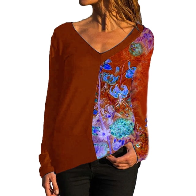 Mode Femme Décontractée Col en V Manches Longues Imprimé Patchwork Hauts T-Shirt Blouse