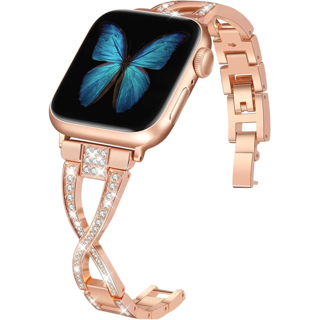 Correas para Apple Watch de 38 mm, 40 mm y 41 mm para mujer, serie 9, 8, 7, 6, 5, 4 SE, correa de metal brillante, elegante y bonita, correa de oro rosa
