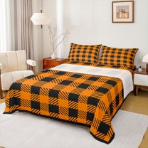 Manfei Fashion Abstract Adult Twin Sheet Sets, Square Patchwork Twin Fitted Sheet, Vintage Black Orange Buffalo Flat Sheet, Lightweight Room Decor, 3-Piece