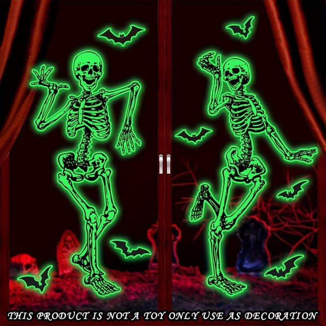 Halloween Glow in the Dark Skeleton Wall Stickers Set, Contemporary Style Plastic Decor with Luminous Bats, 1 Set Non-Toxic Halloween Party Decor Skeleton Decals, Removable and Reusable Window Clings