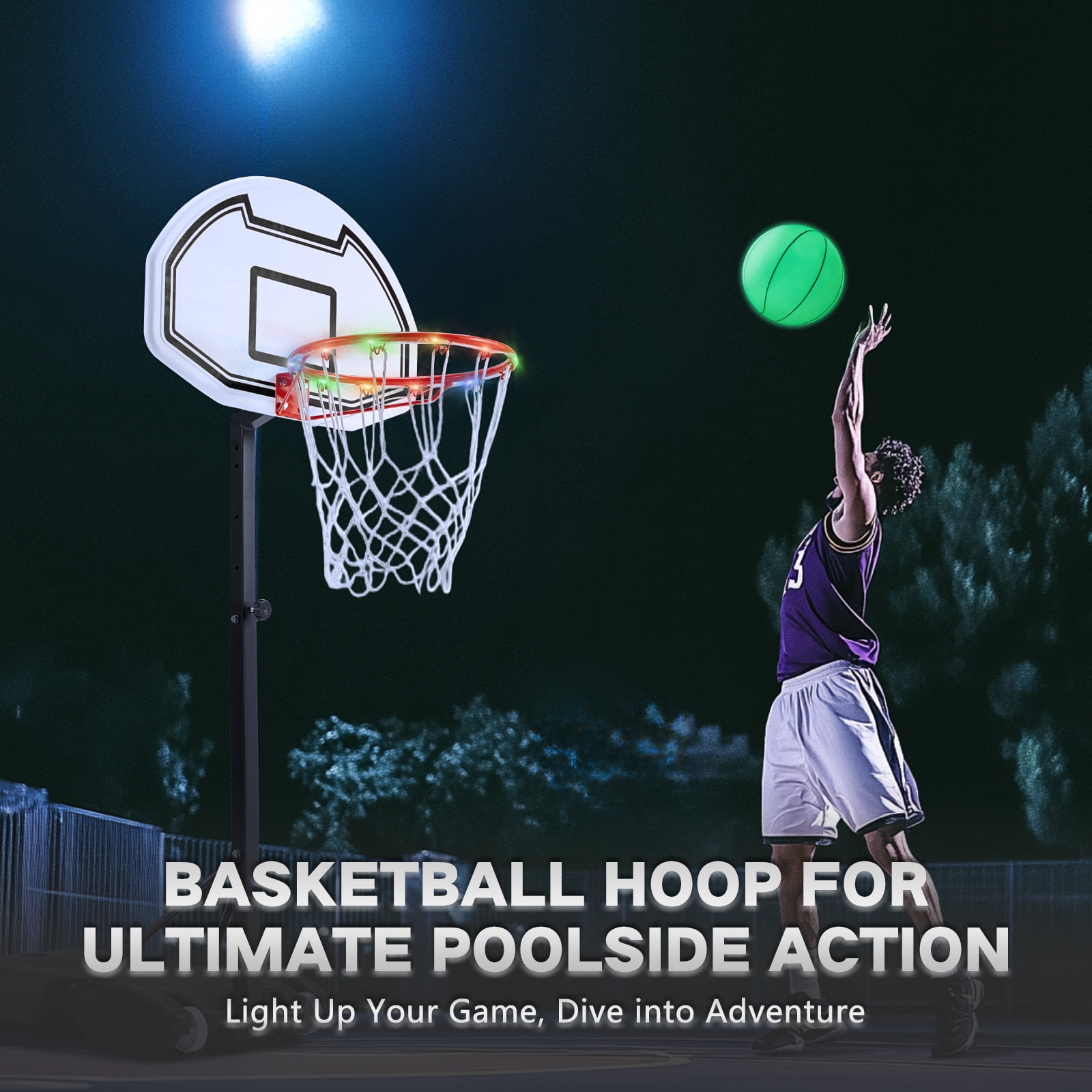 Danrelax 3-4.6 ft LED Pool Basketball Hoop, Poolside Game for Adults & Teens, Black