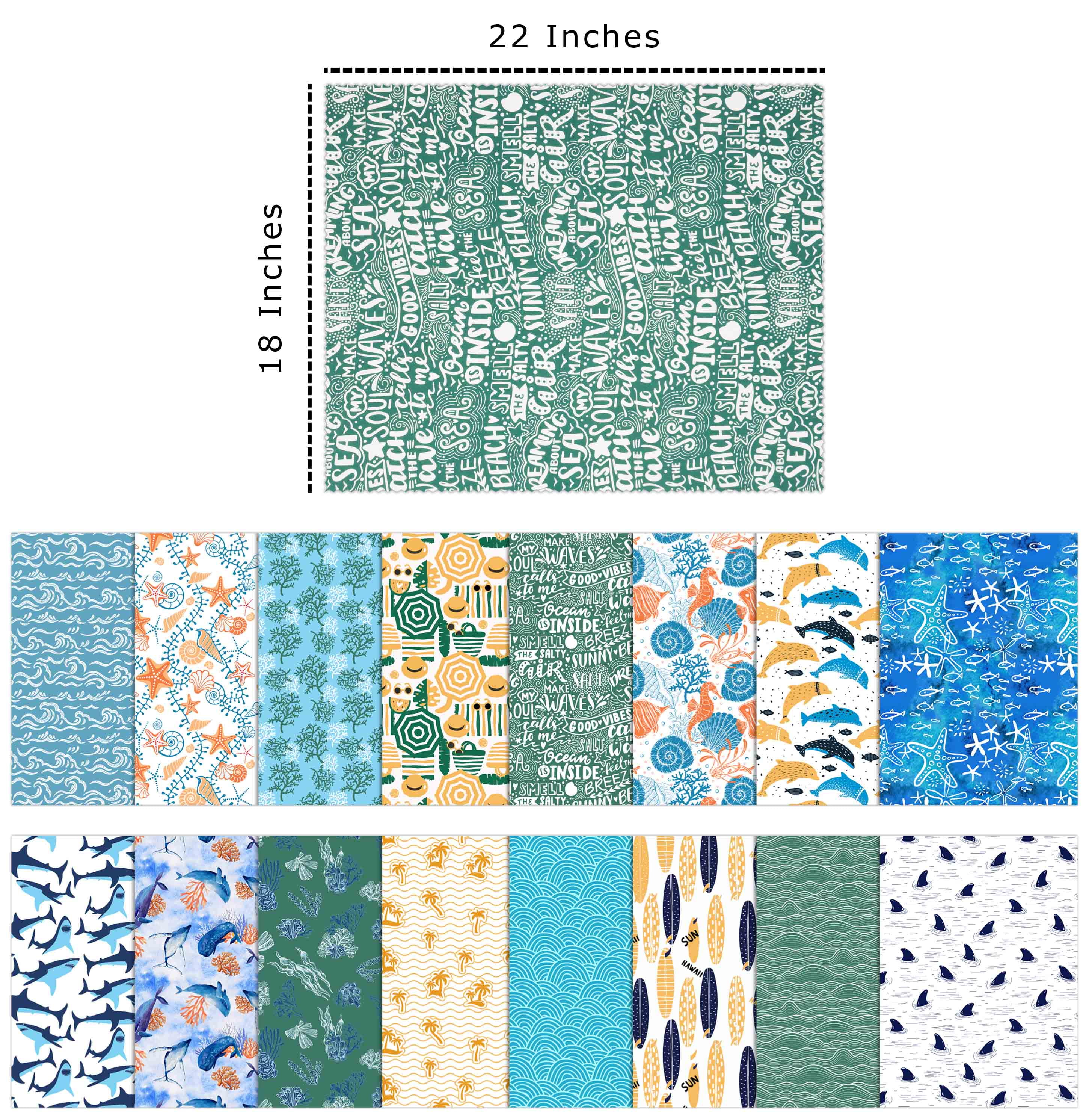 Soimoi 16 Pc Fat Quarter Bundle OceanPrint 18"x 22"DIY Patchwork-100% CottonPre-Cut Quilting Fabric Blue & Green