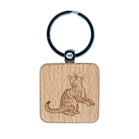 Playful Tabby Cat Domestic Shorthair Square Keychain Charm Tag - Engraved Wood