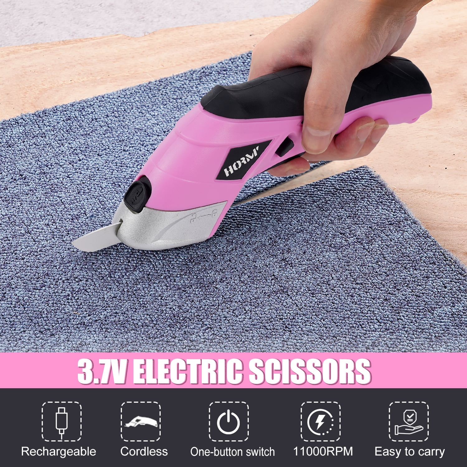 HORMY Cordless Electric Scissors with Two Blades, 3.6V Super Scissors Rechargeable with USB Charge Cable, for Cardboard Cutting Fabric Paper, Pink