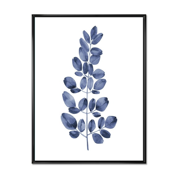 Designart 'Navy Blue Eucalyptus On White' Traditional Framed Canvas Wall Art Print