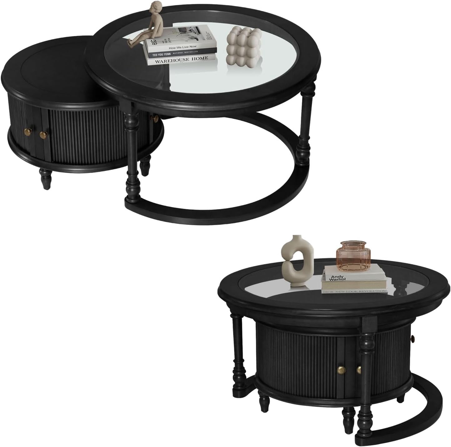 LKTART Nesting Coffee Table for Living Room,Round Tempered Glass Solid Wood Nest Coffee Tables with Storage,Retro Small Accent Center Table