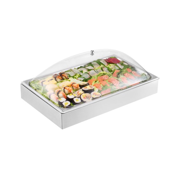 VEVOR Countertop Food Serving Display Container, 1 x 1 Pan Stainless Steel Food Serving Tray, Buffet Condiment Dispenser Display Rack with Clear Arc Lid & 3 Ice Trays, for Restaurant, Hotel, Party