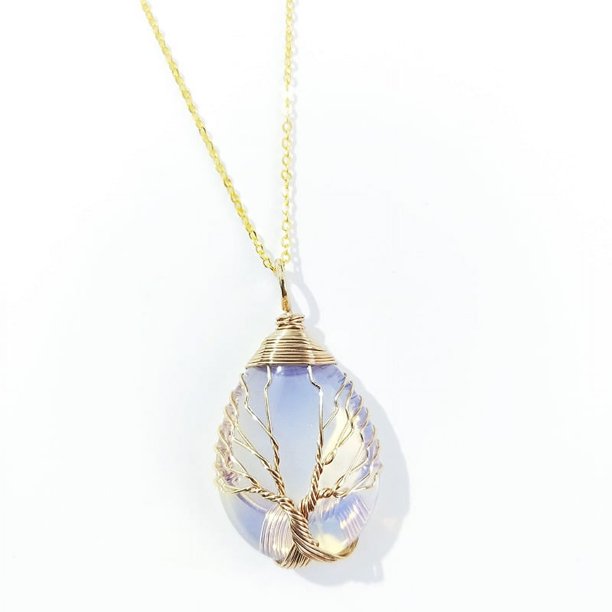 Zhuge Collar con colgante de árbol de la vida, accesorios para collares para hombres y mujeres, hecho a mano, collar con colgante de gota de agua de árbol de la vida envuelto en oro (blanco)
