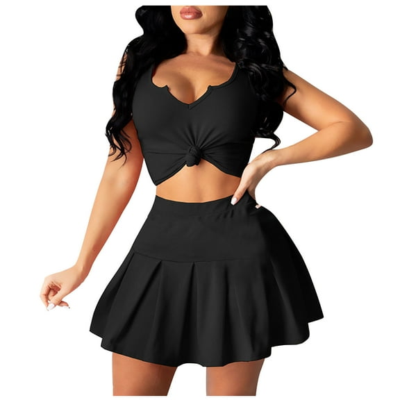 REORIAFEE 2 Piece Outfits for Women Casual Streetwear Set Vacation Outfits Fashion Summer Women Backless Sleeveless Sexy High Waisted Dresses Shirts Sets Black L