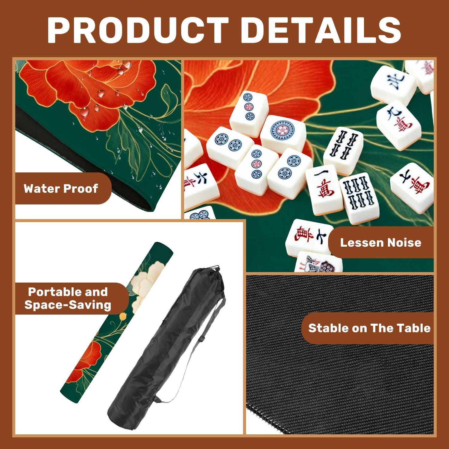 Mahjong Mat 31.5" x 31.5" Traditional oriental Chinese New year decoration Japan kimono Non-Slip Noise Reduction American Mahjong Tiles Table Cover for Dominoes Poker Card Board Games Gift