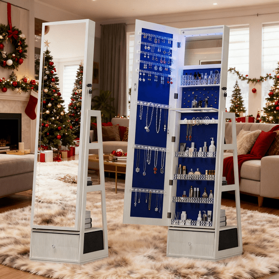 Lincordor 5-in-1 Jewelry Cabinet with Full Length Mirror, 360° Swivel Armoire with Touch Light & Lock, Vanity Organizer with Storage Drawers, White