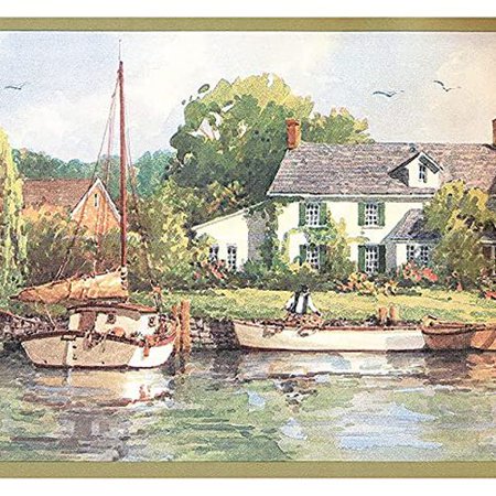 Fishing Theme Wallpaper Border – River Waves & Fishes Pattern, Pre-Pasted, 15 Ft X 10.25 In, For Cottage & Cabin Decor