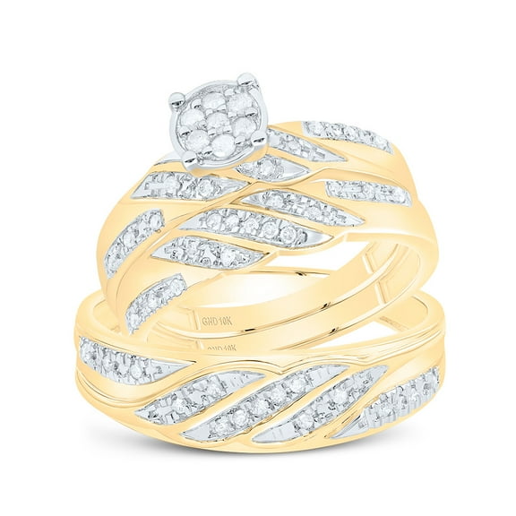 10K Yellow Gold Round Cut Diamond Men's Wedding Band & Women's Braided Bridal Set Circle Center Matching Trio Set 1/3 CT.