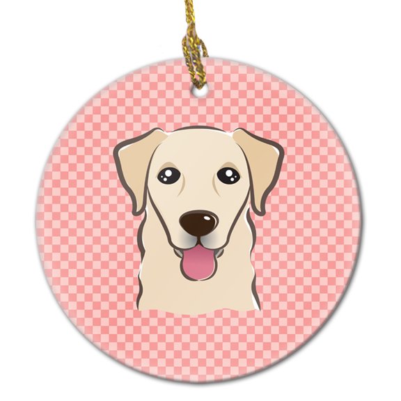 Carolines Treasures BB1252CO1 Checkerboard Pink Golden Retriever Ceramic Ornament 3 in multicolor
