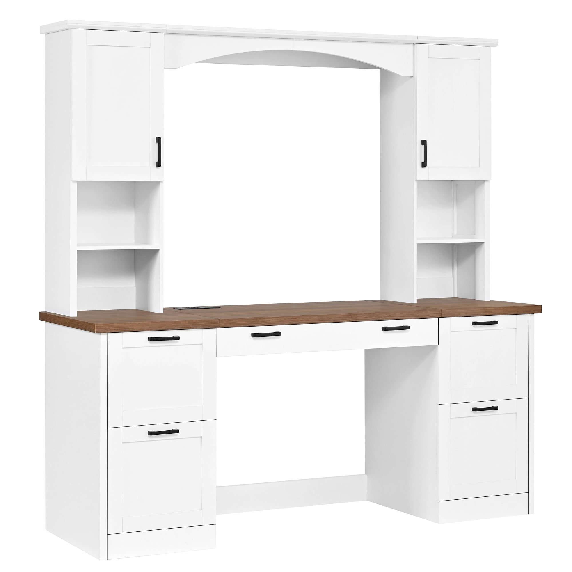 Farmhouse Arched Computer Desk with Hutch, Mid-Century Walnut Home Office Workstation with Charging Station & Keyboard Tray, All-in-One Writing Desk with File Drawer for Study, Office, White