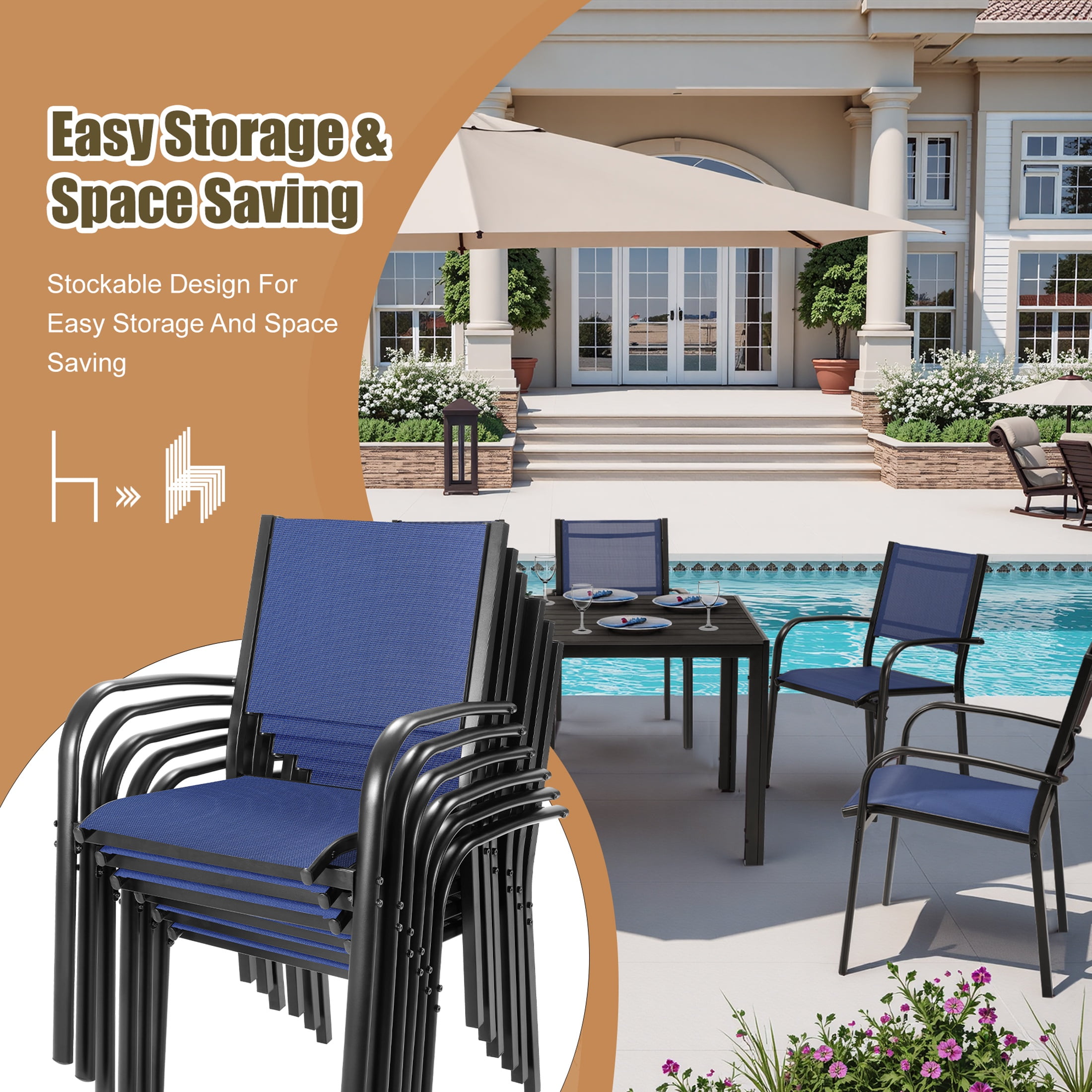 Patio Dining Set, 7PCS Outdoor Plastic-Wood Table & Textilene Chairs Set, Outdoor Furniture Dining Table Set, Garden Porch Backyard Poolside Sectional Conversation Set