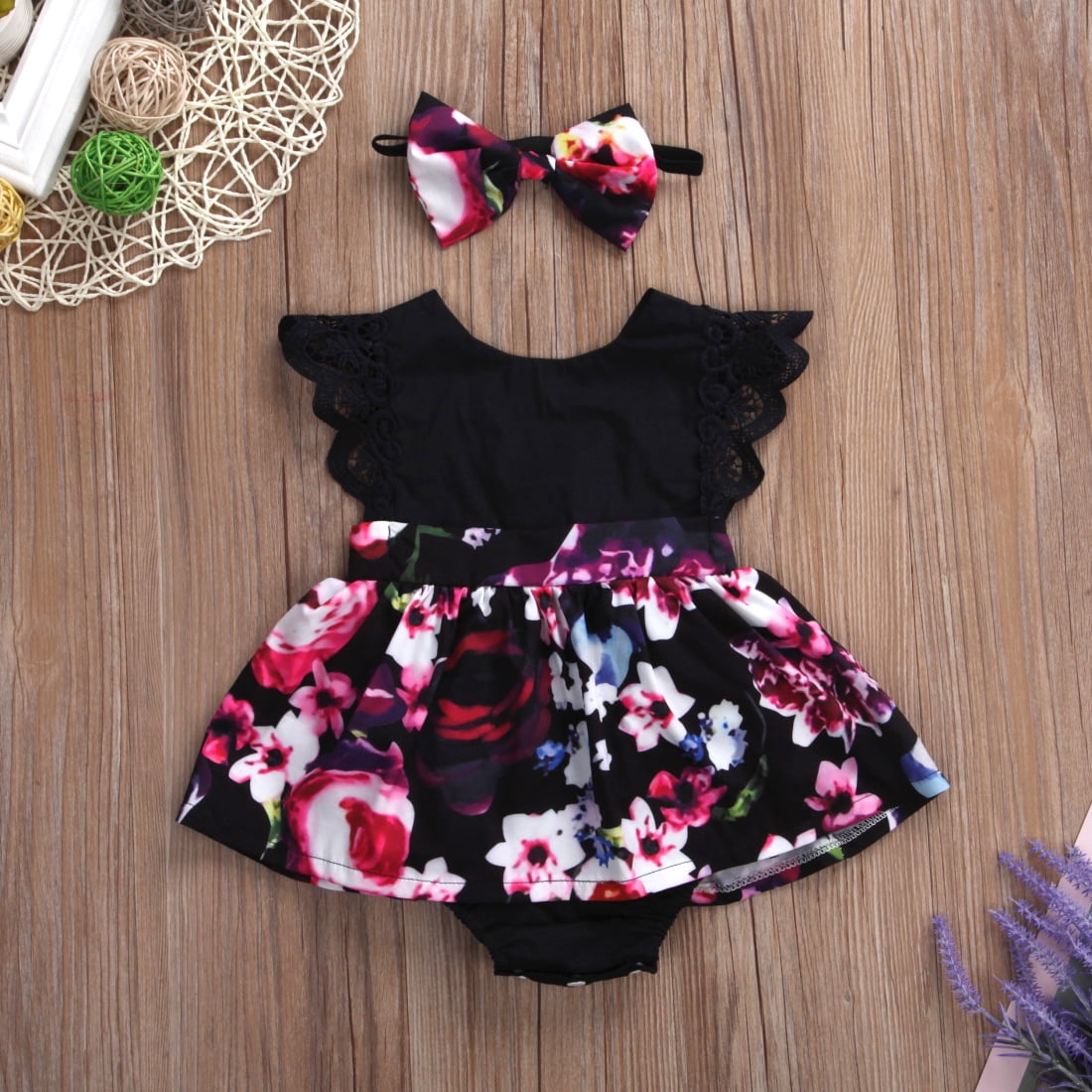 PatPat Baby Girl Floral Allover Sleeveless Romper and Headband