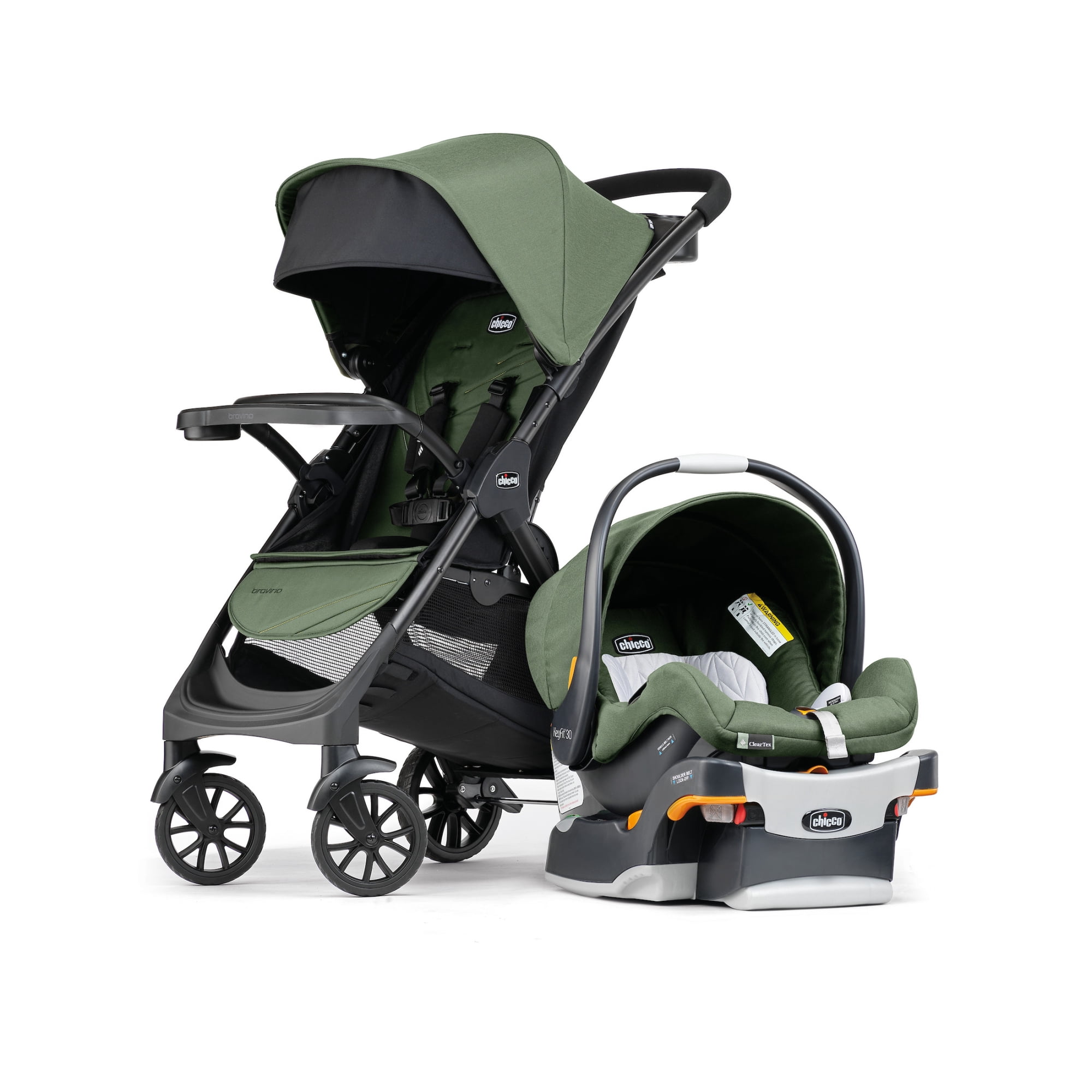 Chicco Bravino Travel System with Bravino Lightweight Stroller and KeyFit 30 ClearTex Infant Car Seat and Base, One-Hand Fold, UPF 50+ Canopy, Infant Car Seat for 4-30 lbs. - Moss (Green)