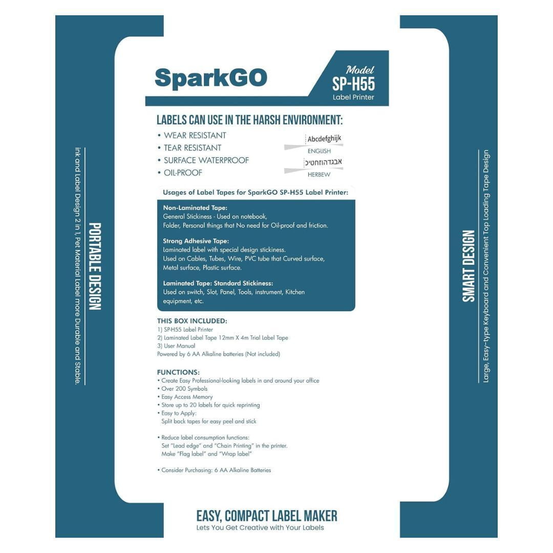 SparkGo SP-H55 Handheld Hebrew and English Label Maker (Black) Bundle with T-A231E Black Ink White Label Tape and T-131E Black Ink Clear Label Tape (3 Items)