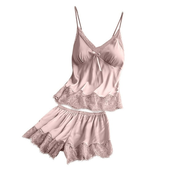 JINMGG Shorts for Women $5 Women V-Neck Eyelash Silk Lace Stain Camisole Pajamas Bowknot Shorts Set Pink S