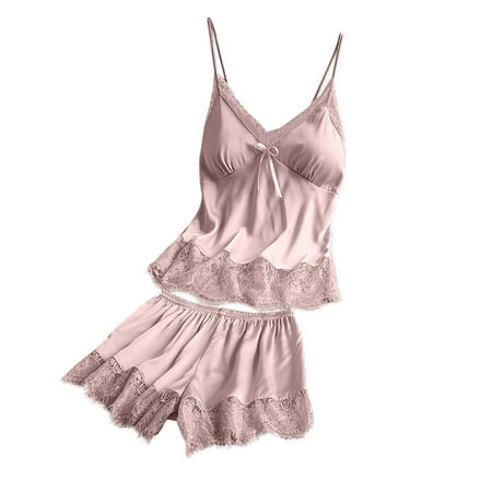 

dtydtpe pajamas for women women v-neck eyelash silk lace stain camisole pajamas bowknot shorts set pink