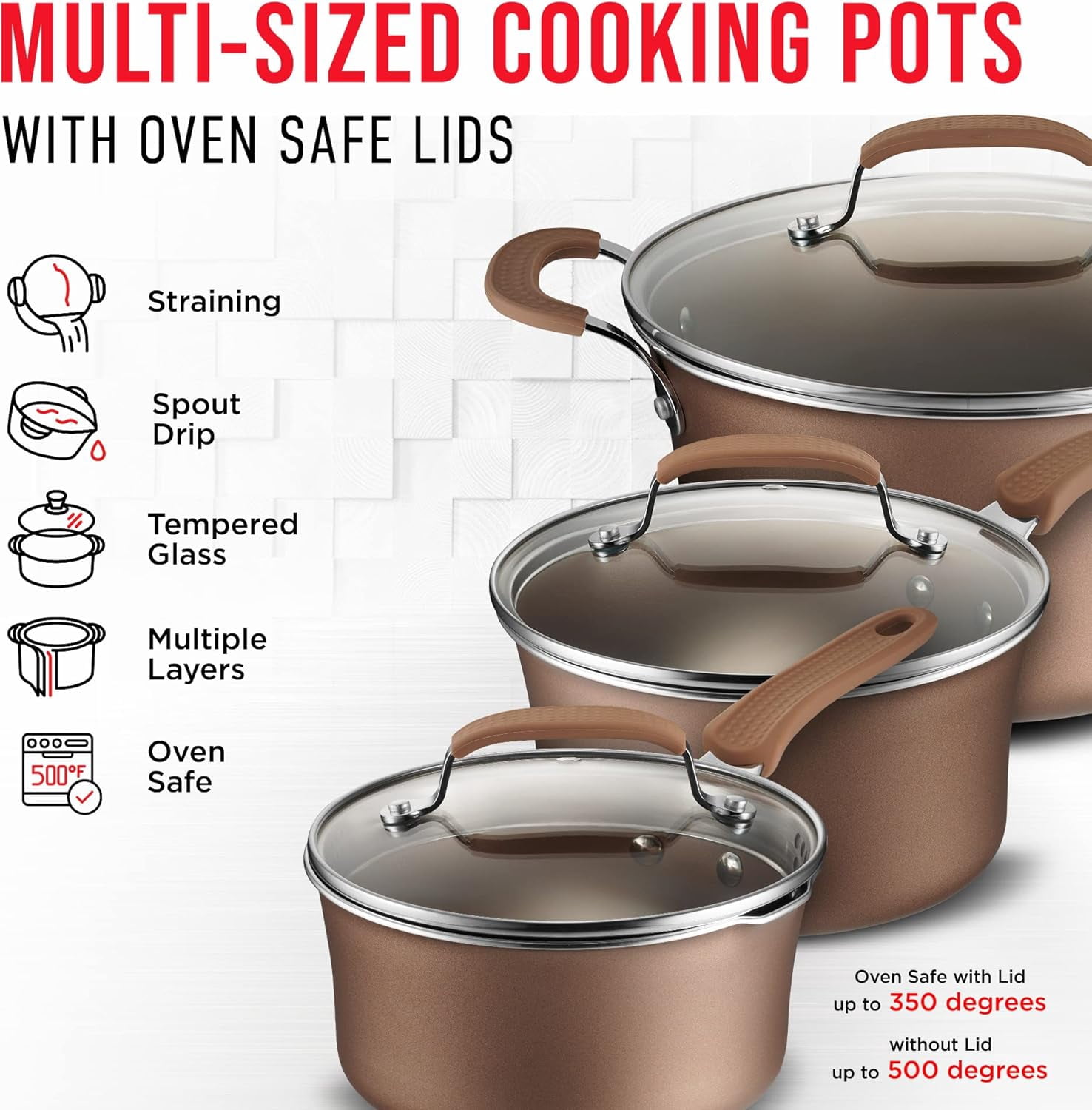 Bakken- Swiss Pots and Pans Set – 14 Piece – Non-Stick Professional Home Kitchenware – Cooking Pots with Lids – Suitable for Gas, Electric, Ceramic and Induction Counter Cooktops - Golden