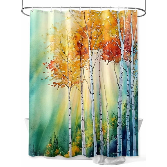 Fsddascl Orange Green Trees Shower Curtain Set - 48" x 72" Washable Bathtub Curtain with 12 Hooks, Watercolor Chic Beanch Leaf Waterproof Fabric Stall Shower Curtains for Bathroom/Bathtub Décor