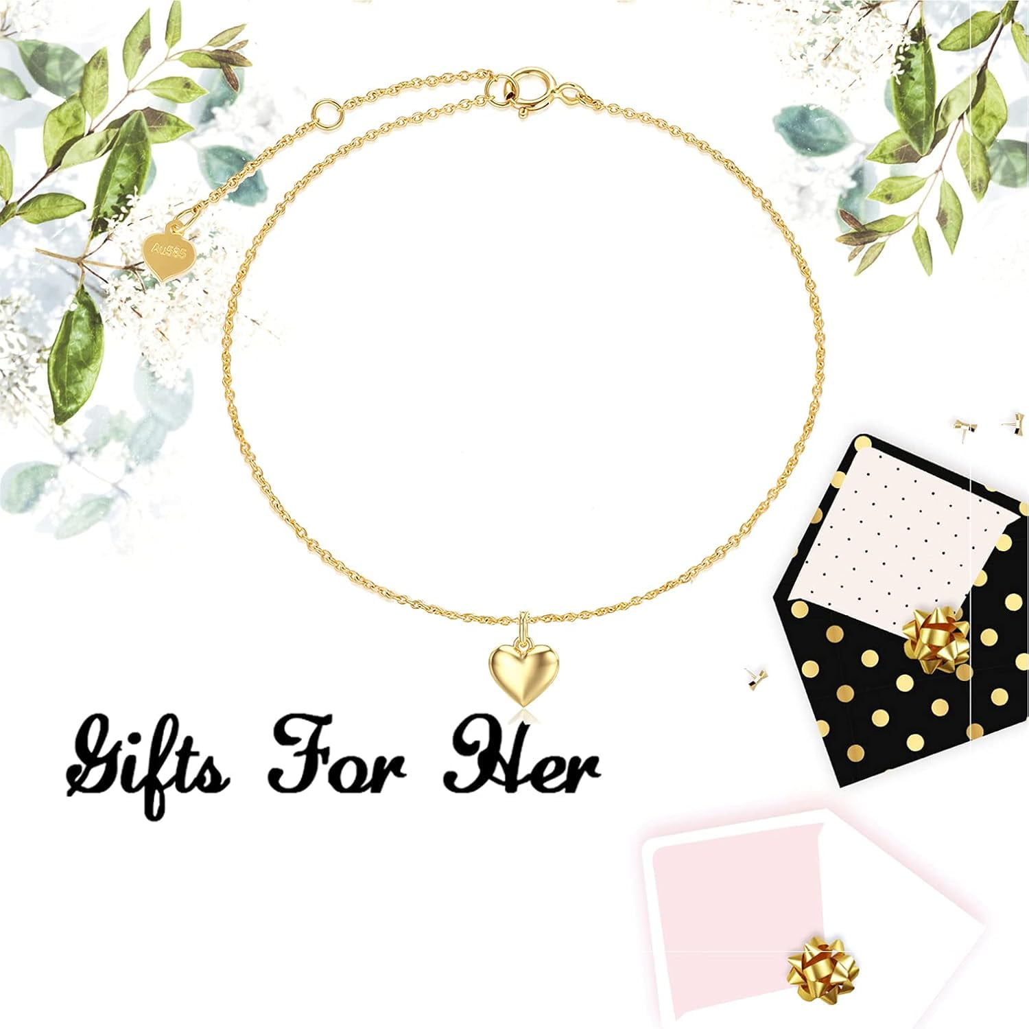 AOBOCO Real 14k Gold Puff Heart Anklet for Women, Love Ankle Bracelet Foot Jewelry Gifts for Her, 9+1+1 Inch